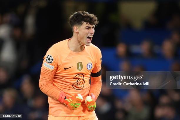 Kepa Arrizabalaga of Chelsea celebrates after Pierre-Emerick Aubameyang of Chelsea scores their sides second goal during the UEFA Champions League...