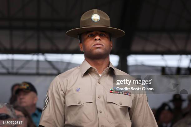 Army drill instructor attends basic training graduation at Fort Jackson on September 29, 2022 in Columbia, South Carolina. Fort Jackson, the largest...