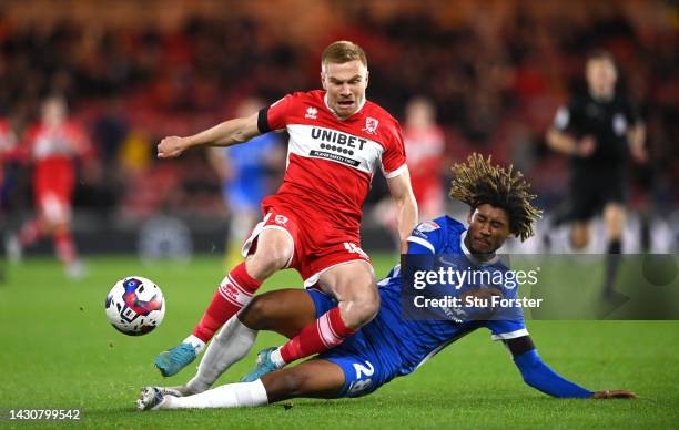 Birmingham player Dion Sanderson challenges Middlesbrough player Duncan Watmore during the Sky Bet Championship between Middlesbrough and Birmingham...