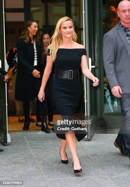 Reese Witherspoon departs from her hotel on October 05, 2022 in New York City.