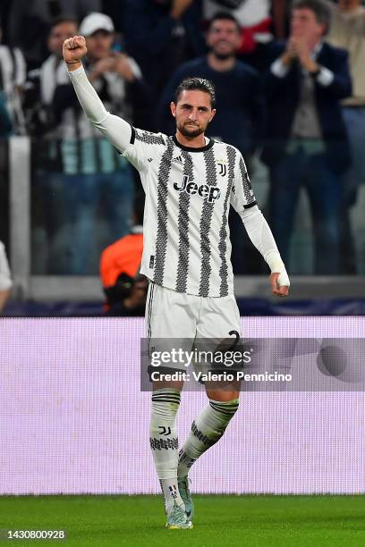 Adrien Rabiot of Juventus celebrates after scoring their sides third goal during the UEFA Champions League group H match between Juventus and Maccabi...