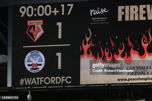 General view of the scoreboard showing the 1-1 score and the 17 minutes of added time during the Sky Bet Championship match between Watford and...