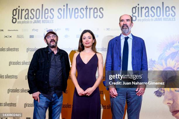 Manolo Solo, Anna Castillo and Jaime Rosales attend the premiere of "Girasoles Silvestres" at Cines Verdi on October 05, 2022 in Madrid, Spain.