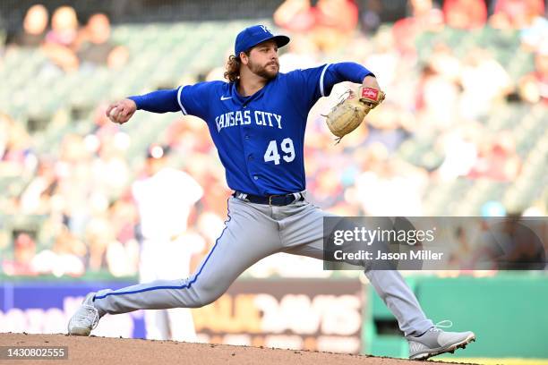 Starting pitcher Jonathan Heasley of the Kansas City Royals pitches against the Cleveland Guardians during the first inning at Progressive Field on...