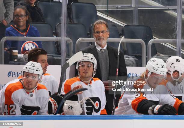 Head coach John Tortorella of the Philadelphia Flyers handles the bench against the New York Islanders at the UBS Arena on October 02, 2022 in...