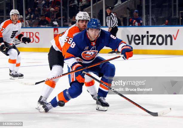 Noah Dobson of the New York Islanders skates against the Philadelphia Flyers at the UBS Arena on October 02, 2022 in Elmont, New York.