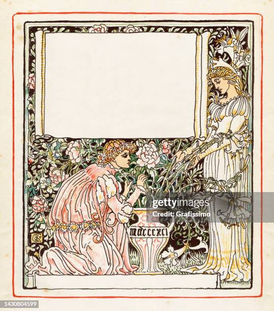 prince giving rose flower to princess art nouveau design book illustration 1899 - border flower garden stock illustrations
