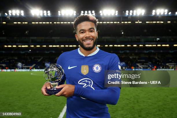 Reece James of Chelsea poses with the PlayStation Player of the match award after the UEFA Champions League group E match between Chelsea FC and AC...