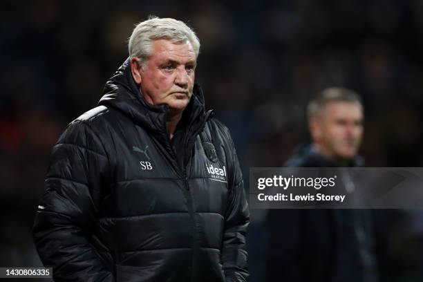 Steve Bruce, Manager of West Bromwich Albion looks on alongside Ryan Lowe, Manager of Preston North End during the Sky Bet Championship between...