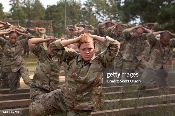 Army trainees compete at the Fit to Win obstacle course during basic training at Fort Jackson on September 28, 2022 in Columbia, South Carolina. Fort...