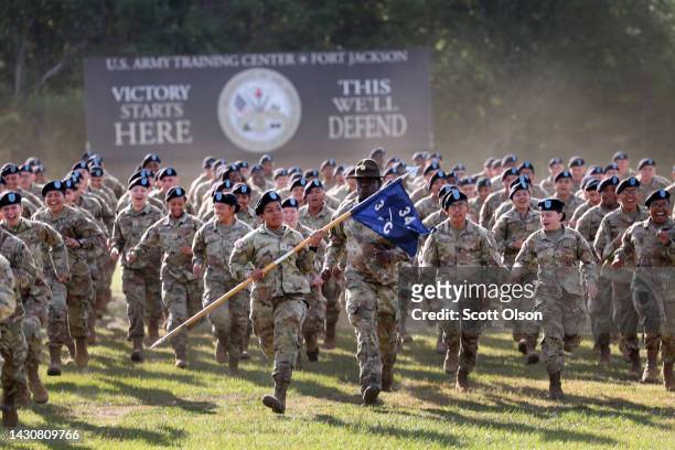 Army soldiers participate in a Family Day ceremony while attending basic training at Fort Jackson on September 28, 2022 in Columbia, South Carolina....