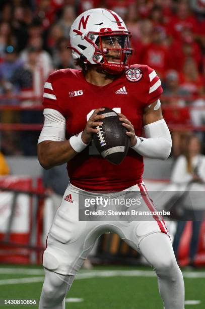 Quarterback Casey Thompson of the Nebraska Cornhuskers looks to pass against the Indiana Hoosiers during the second quarter at Memorial Stadium on...