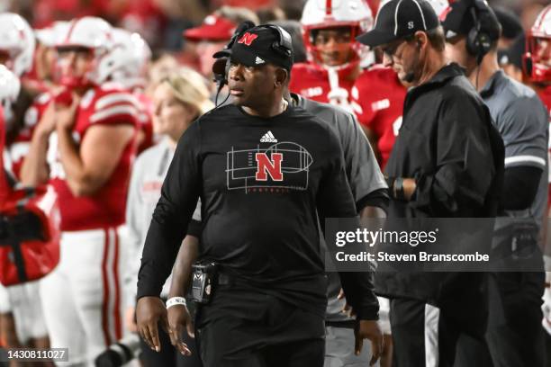 Interim head coach Mickey Joseph of the Nebraska Cornhuskers watches action against the Indiana Hoosiers during the third quarter at Memorial Stadium...