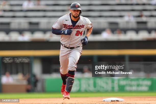 Gary Sanchez of the Minnesota Twins rounds the bases after hitting a three-run home run against the Chicago White Sox during the first inning at...