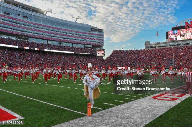 The band of the Nebraska Cornhuskers performs before the game against the Indiana Hoosiers at Memorial Stadium on October 1, 2022 in Lincoln,...