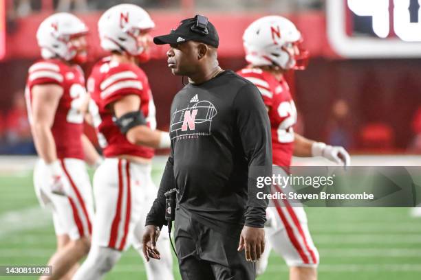 Interim head coach Mickey Joseph of the Nebraska Cornhuskers watches action against the Indiana Hoosiers during the third quarter at Memorial Stadium...