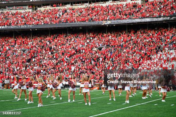 The cheerleaders of the Nebraska Cornhuskers perform before the game against the Indiana Hoosiers at Memorial Stadium on October 1, 2022 in Lincoln,...