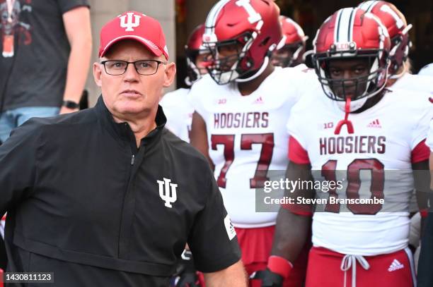 Head coach Tom Allen of the Indiana Hoosiers waits with the team before taking the field against the Nebraska Cornhuskers at Memorial Stadium on...