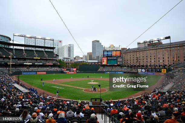 The Baltimore Orioles play the Toronto Blue Jays in the first inning of game two of a doubleheader at Oriole Park at Camden Yards on October 05, 2022...