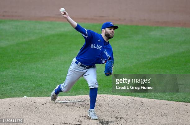David Phelps of the Toronto Blue Jays pitches in the first inning against the Baltimore Orioles during game two of a doubleheader at Oriole Park at...