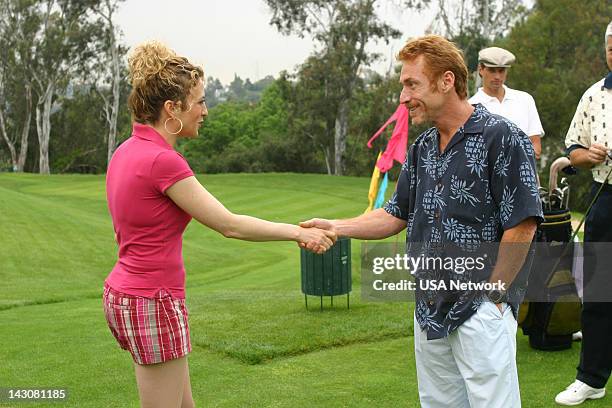Mr. Monk Meets the Playboy" Episode 8-- Pictured: Bitty Schram as Sharona Fleming, Danny Bonaduce --