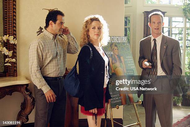 Mr. Monk Meets the Playboy" Episode 8-- Pictured: Tony Shalhoub as Adrian Monk, Bitty Schram as Sharona Fleming, Jason Gray-Stanford as Lt. Randall...
