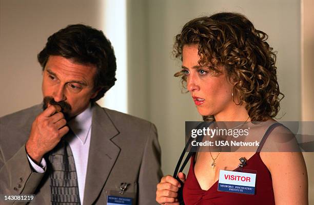 Mr. Monk Goes to Asylum" Episode -- Pictured: Dennis Boutsikaris as Dr. Morris Lancaster, Bitty Schram as Sharona Fleming --