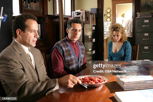 Mr. Monk and the Three Pies" Episode 11 -- Pictured: Tony Shalhoub as Adrian Monk, John Turturro as Ambrose Monk, Bitty Schram as Sharona Fleming --