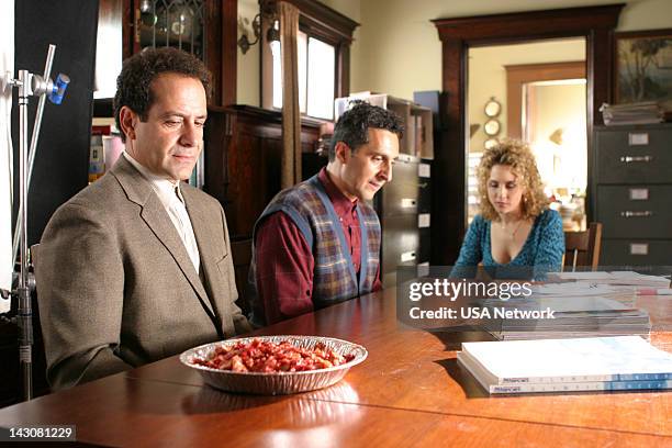 Mr. Monk and the Three Pies" Episode 11 -- Pictured: Tony Shalhoub as Adrian Monk, John Turturro as Ambrose Monk, Bitty Schram as Sharona Fleming --