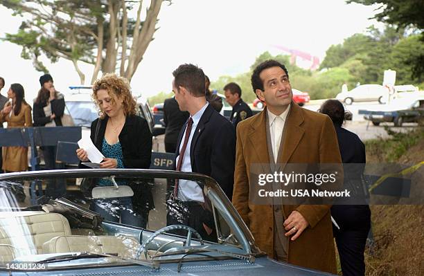 Mr. Monk and the Three Pies" Episode 11 -- Pictured: Bitty Schram as Sharona Fleming, Jason Gray-Stanford as Lt. Randall Disher, Tony Shalhoub as...