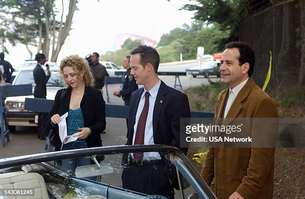 Mr. Monk and the Three Pies" Episode 11 -- Pictured: Bitty Schram as Sharona Fleming, Jason Gray-Stanford as Lt. Randall Disher, Tony Shalhoub as...