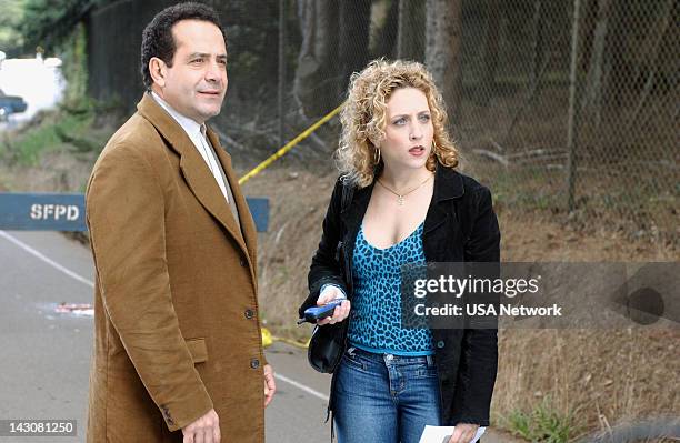 Mr. Monk and the Three Pies" Episode 11 -- Pictured: Tony Shalhoub as Adrian Monk, Bitty Schram as Sharona Fleming --