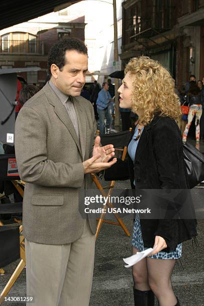 Mr. Monk and the TV Star" Episode 12-- Pictured: Tony Shalhoub as Adrian Monk, Bitty Schram as Sharona Fleming --