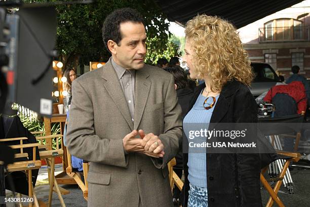 Mr. Monk and the TV Star" Episode 12-- Pictured: Tony Shalhoub as Adrian Monk, Bitty Schram as Sharona Fleming --