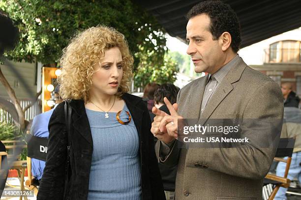 Mr. Monk and the TV Star" Episode 12-- Pictured: Tony Shalhoub as Adrian Monk, Bitty Schram as Sharona Fleming --