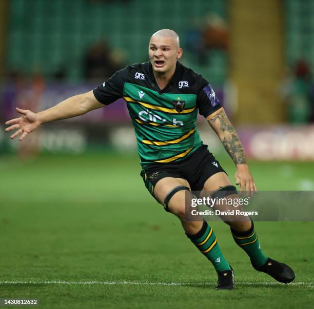Aaron Hinkley of Northampton Saints looks on during the Premiership Rugby Cup match between Northampton Saints and Saracens at Franklin's Gardens on...