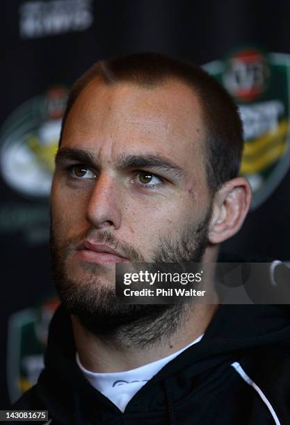 Simon Mannering of the Kiwis during a press conference ahead of the ANZAC Rugby League Test at Eden Park on April 19, 2012 in Auckland, New Zealand.