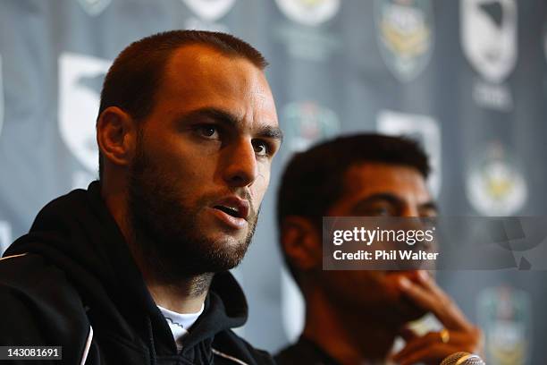 Simon Mannering of the Kiwis sits next to Kiwis coach Stephen Kearney during a press conference ahead of the ANZAC Rugby League Test at Eden Park on...