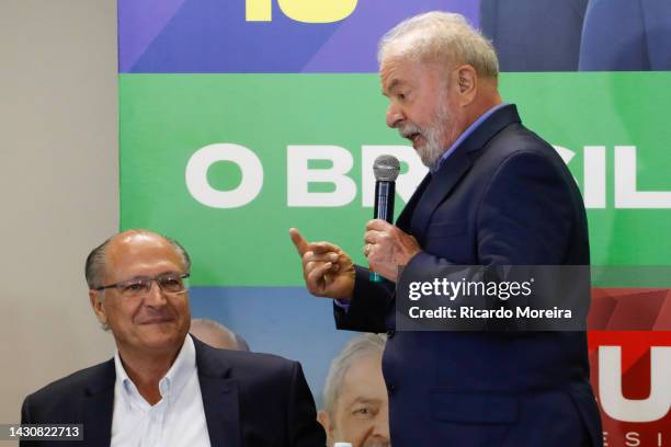 Candidate Luiz Inacio Lula da Silva speaks to Workers' Party speaks next to running mate Geraldo Alckmin during a meeting with leaders of different...