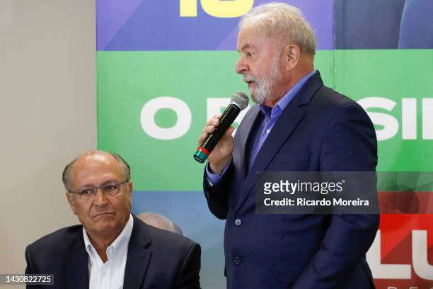 Candidate Luiz Inacio Lula da Silva speaks to Workers' Party speaks next to running mate Geraldo Alckmin during a meeting with leaders of different...