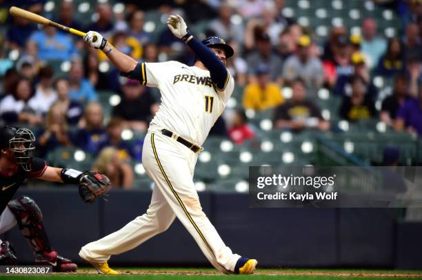 Rowdy Tellez of the Milwaukee Brewers hits a home run in the eighth inning against the Arizona Diamondbacks at American Family Field on October 05,...