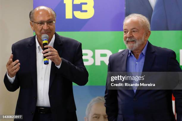 Geraldo Alckmin running mate of the Candidate Luiz Inacio Lula da Silva of Workers' Party speaks during a meeting with leaders of different parties...