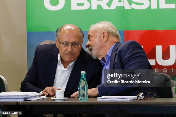 Candidate Luiz Inacio Lula da Silva of Workers' Party talks to his running mate Geraldo Alckmin during a meeting with leaders of different parties as...