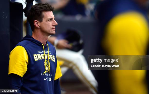 Manager Craig Counsell of the Milwaukee Brewers looks on during the seventh inning against the Arizona Diamondbacks at American Family Field on...