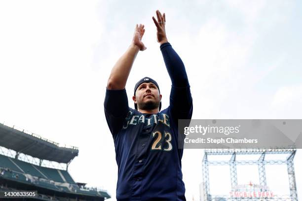 Ty France of the Seattle Mariners reacts after his walk-off single to beat Detroit Tigers 5-4 at T-Mobile Park on October 05, 2022 in Seattle,...