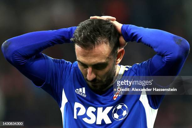 Josip Drmic of Dinamo Zagreb reacts after their goal is disallowed during the UEFA Champions League group E match between FC Salzburg and Dinamo...