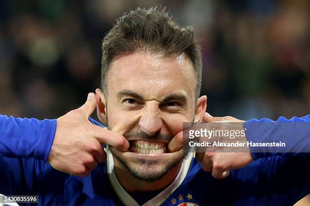 Josip Drmic of Dinamo Zagreb celebrates after scoring a goal which is later disallowed during the UEFA Champions League group E match between FC...
