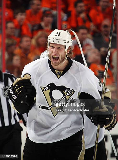 Jordan Staal of the Pittsburgh Penguins celebrates his first period goal against the Philadelphia Flyers in Game Four of the Eastern Conference...