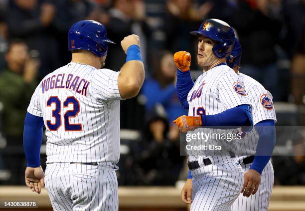 Mark Canha of the New York Mets celebrates his three run home run with teammates Daniel Vogelbach and Francisco Alvarez in the first inning against...