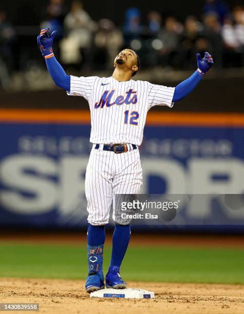 Francisco Lindor of the New York Mets celebrates his 2RBI double in the second inning against the Washington Nationals at Citi Field on October 05,...